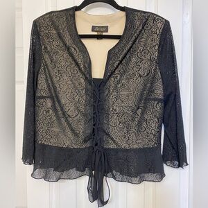 VTG Oblique sparkly Black Lace Milkmaid front lace up Top US 18 whimsy goth